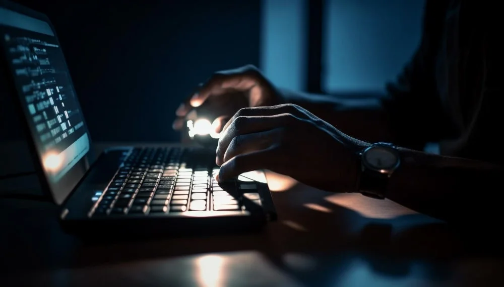 one person typing laptop dark office generated by ai min