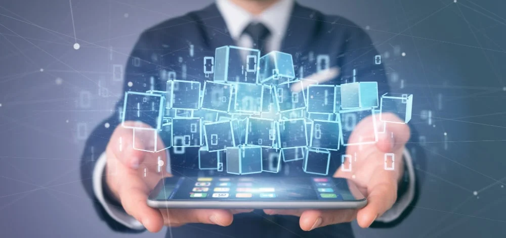 businessman holding cloud blockchain cube binary data 3d rendering min