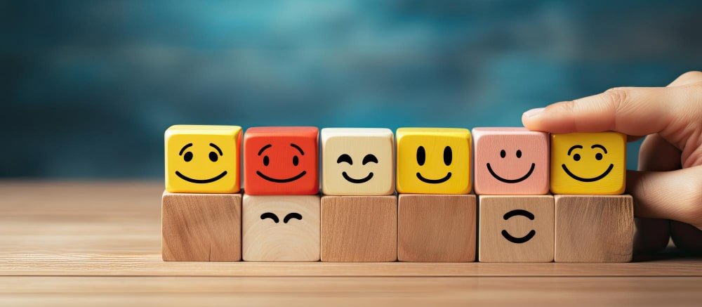 customer selects smiley face sad face icons wooden cube symbolizing service rating satisfaction copy space available min