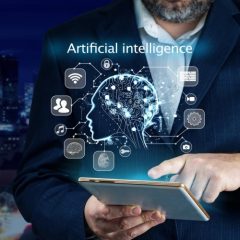 artificial intelligence ai chat bot concept businessman hands using tablet ai chatbot infographic online chatting communication business internet technology concept min