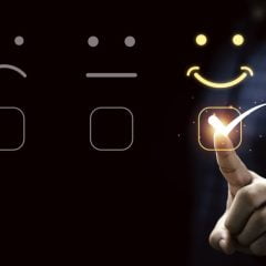 businessman touching virtual touch screen select smiley face emotion button best evaluation customer client satisfaction concept 1