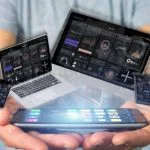 businessman holding devices connected cloud multimedia network 3d rendering min