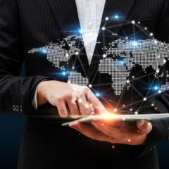 connection smart businessman investor using mobile tablet with virtual global world map graphic internet link diagram stock market investment digital technology business strategy concept min