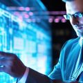 man interacts with futuristic digital interface