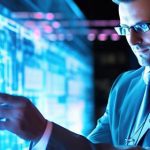 man interacts with futuristic digital interface