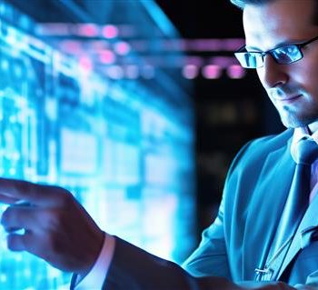 man interacts with futuristic digital interface