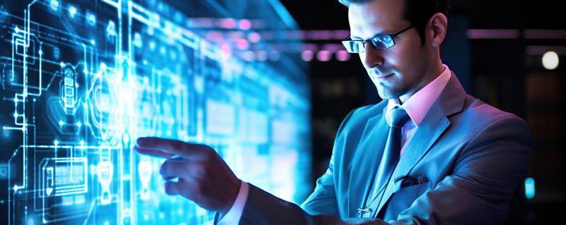 man interacts with futuristic digital interface
